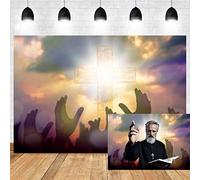 OERJU Fondo de fotografía de Jesús Santa Luz Cruz de Fotografía Cielo Azul Nubes Blancas Mano de Dios Luz Sagrada Fondo Jesús Iglesia Cristiana Actividades Decoración Banner Retratos Foto Studio Props