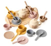 OESSUF Juego de té Infantil con Ositos, 14 Piezas, Juego de té de Silicona con Bandeja de Madera para niños a Partir de 1 año, Juego de rol de Fiesta de té en la Cocina, Regalo de cumpleaños