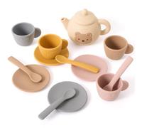 OESSUF Juego de té para niños 13 Piezas Tetera de Silicona con Tazas de Animales en 3D, Posavasos y cucharas a Prueba de Fugas Lavavajillas Montessori Juego de simulación Regalo para 1-6 años