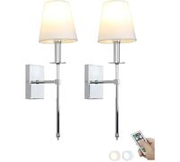 OEUBEQ Aplique de pared, aplique de pared con pilas Aplique de pared cromado Juego de 2 bombillas LED regulables no cableadas Aplique de pared con pilas Accesorio con pantalla de tela rem