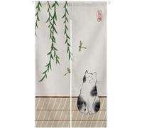 Ofat Home Cortina Noren pintada a mano con gato salvaje de 85 cm de ancho x 150 cm de largo, estilo gato de tinta japonesa con sauce y libélula para puerta, tela asiática zen colgante para decoración