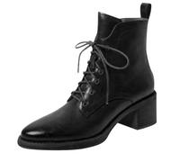 ofeirhz Botas vaqueras para mujer, de media pantorrilla, estilo británico, con cordones, tacón grueso, botas de caminar, puntera puntiaguda, cómodas, resistentes al agua, fáciles de limpiar, botas de