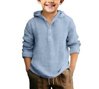 ofeirhz Camisa de manga larga con capucha de algodón y lino para niños pequeños (azul claro, 8-9 años)