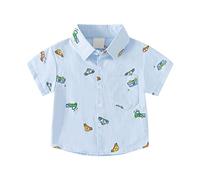 ofeirhz Camisa deportiva de manga corta con botones para niños pequeños y grandes, patrón de coche con bolsillos, para adolescentes y niños de 2 a 8 años (azul claro, 5-6 años)