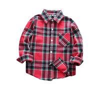 ofeirhz Camisa en blanco para niños, chaqueta a cuadros de manga larga con solapa para bebés, niños y niñas, capa superior, camiseta de manga larga para niños (rojo, 7-8 años)