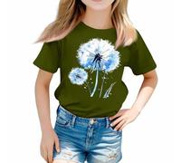 ofeirhz Camiseta de manga corta con cuello redondo de color sólido para niñas de 3 a 13 años (verde, 4-5 años)