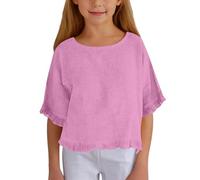 ofeirhz Camiseta de manga larga juvenil de algodón y lino con mangas de cinco puntos, para niñas, color sólido, casual, cuello redondo, suenas como una niña (rosa, 7-8 años)