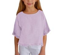 ofeirhz Camiseta de manga larga juvenil de algodón y lino con mangas de cinco puntos, para niñas, color sólido, casual, cuello redondo, suenas como una niña (morado, 5-6 años)