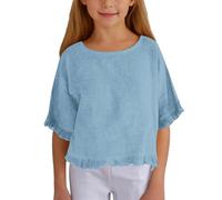 ofeirhz Camiseta de manga larga juvenil de algodón y lino con mangas de cinco puntos, para niñas, color sólido, casual, cuello redondo, suenas como una niña (azul, 7-8 años)