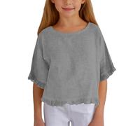 ofeirhz Camiseta de manga larga juvenil de algodón y lino con mangas de cinco puntos, para niñas, color sólido, casual, cuello redondo, suenas como una niña (gris, 13-14 años)