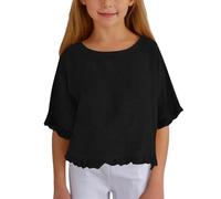 ofeirhz Camiseta de manga larga juvenil de algodón y lino con mangas de cinco puntos, para niñas, color sólido, casual, cuello redondo, suenas como una niña (negro, 11-12 años)