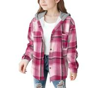 ofeirhz Sing Coat - Abrigo de franela a cuadros con botones y manga larga con capucha para niñas, talla 12, abrigo para niñas (rosa intenso, 8-9 años)