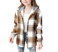 ofeirhz Sing Coat - Abrigo de franela a cuadros con botones y manga larga con capucha para niñas, talla 12, abrigo para niñas (caqui, 4-5 años)