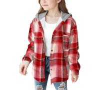 ofeirhz Sing Coat - Abrigo de franela a cuadros con botones y manga larga con capucha para niñas, talla 12, abrigo para niñas (rojo, 14-15 años)