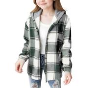 ofeirhz Sing Coat - Abrigo de franela a cuadros con botones y manga larga con capucha para niñas, talla 12, abrigo para niñas (verde claro, 6-7 años)