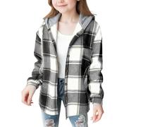 ofeirhz Sing Coat - Abrigo de franela a cuadros con botones y manga larga con capucha para niñas, talla 12, abrigo para niñas (negro, 8-9 años)