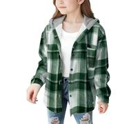 ofeirhz Sing Coat - Abrigo de franela a cuadros con botones y manga larga con capucha para niñas, talla 12, abrigo para niñas (verde, 8-9 años)