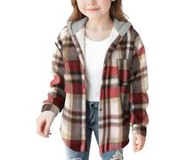 ofeirhz Sing Coat - Abrigo de franela a cuadros con botones y manga larga con capucha para niñas, talla 12, abrigo para niñas (vino, 14-15 años)