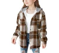 ofeirhz Sing Coat - Abrigo de franela a cuadros con botones y manga larga con capucha para niñas, talla 12, abrigo para niñas (marrón, 10-11 años)