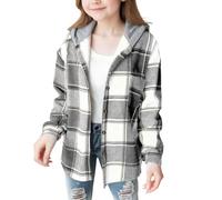 ofeirhz Sing Coat - Abrigo de franela a cuadros con botones y manga larga con capucha para niñas, talla 12, abrigo para niñas (gris, 6-7 años)