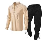 Oferta de Traje Medieval para Hombre - Conjunto de Ropa Con Camisa de Lino, Pantalones Con Correa en el Tobillo, Chándal Completo - Beige