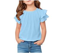 Ofertas Flash del Dia Camiseta Blanca Niña,Camisetas Manga Corta de Volantes Cuello Redondo Cómoda Suelto Suave Tops Adolescente Ligera Camisa Largo Blusa T-Shirt Basic Moda tee Shirt Ropa Niña