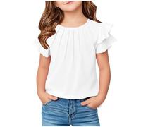 Ofertas Flash del Dia Camiseta Blanca Niña,Camisetas Manga Corta de Volantes Cuello Redondo Cómoda Suelto Suave Tops Adolescente Ligera Camisa Largo Blusa T-Shirt Basic Moda tee Shirt Ropa Niña