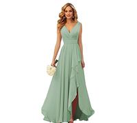 OFEYCHUN Vestidos de Dama de Honor con Cuello en V para Mujer de Boda con Abertura y Volantes de Gasa Largo Cintura Imperio Vestido Formal, Verde Salvia, 6