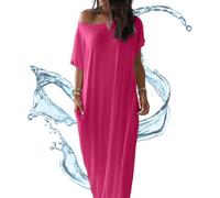Off-Shoulder Batwing Sleeve Maxi Lounge Dress, Casual Comfy Baggy Nightdress with Pockets Beach Lounge Dress (Rose,L)