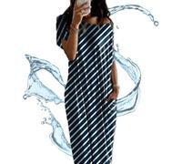 Off-Shoulder Batwing Sleeve Maxi Lounge Dress, Casual Comfy Baggy Nightdress with Pockets Beach Lounge Dress (Stripe,XXL)