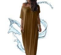 Off-Shoulder Batwing Sleeve Maxi Lounge Dress, Casual Comfy Baggy Nightdress with Pockets Beach Lounge Dress (Yellow,XXL)