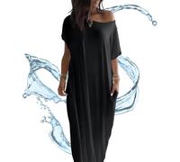 Off-Shoulder Batwing Sleeve Maxi Lounge Dress, Casual Comfy Baggy Nightdress with Pockets Beach Lounge Dress (Black,XXL)