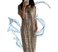 Off-Shoulder Batwing Sleeve Maxi Lounge Dress, Casual Comfy Baggy Nightdress with Pockets Beach Lounge Dress (Leopard,XL)