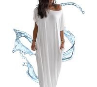 Off-Shoulder Batwing Sleeve Maxi Lounge Dress, Casual Comfy Baggy Nightdress with Pockets Beach Lounge Dress (White,XXL)