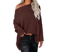 Off Shoulder Camisetas Mujer Elegante Top One Shoulder Top Mujer Camisa Suéter Cold Scholder Blusentop Top Knit Oversize Camisas para Mujer Monocolor - Blusas Tops para Mujer, café, XXL
