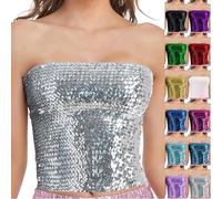 Off Shoulder Damen Pailletten Oberteil Glitzer Party Tops Trägerloses Top mit integriertem BH Bandeau Top Slim Fit T-Shirts ohne Träger Tshirt Y2K Schulterfrei Tops Ärmellos Achselshirt Stretch, azul