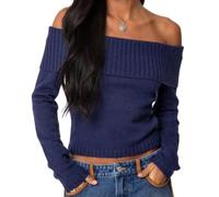 Off Shoulder Knit Sweater For Women Wide Foldover Neckline (Blue,M)