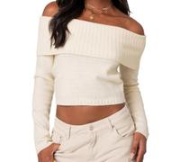 Off Shoulder Knit Sweater For Women Wide Foldover Neckline (White,L)