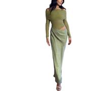 Off Shoulder Maxi Dress For Women Long Sleeve Mesh Ruched Cut out Evening Dress (Green,L)