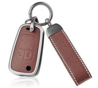 OFF WE GO Carcasa Mando de Piel 2 Botones Funda Llave Coche con Llaveros Compatible con Opel Astra j Zafira Adam Aveo Matiz Cruze Captiva Spark Orlando Trax, Marrón