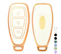 OFF WE GO Funda para Llave Coche con Ford Carcasa para Mando Compatible con Fiesta Focus C-MAX Galaxy B-MAX Kuga Mondeo S-MAX 3 Botones TPU Funda para Tarjeta de Llave con Hombre Mujer, Oro Blanco