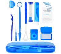 OFFCUP 9 Piezas Kit de Cuidado de Ortodoncia, Dental Cuidado Kit Portátil, Kit Limpieza Dental con Espejo Dental Cepillo Interdental Hilo Dental Cera Dental Cepillo en V Raspador de Lengua (Azul)