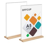 OFFCUP A5 Soporte de Menú, 2pcs Soporte para Letreros, T Expositor de Mesa, para Soporte Carteles Expositor Publicitario Soportes de Sobremesa para Carteles Soporte Sobremesa Acrílico -Base de Madera