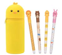 OFFCUP Kawaii Estuche Escolar, 2 en 1 Estuche Silicona Stitch con 4 Bolígrafos de Gel Borrable, Extensible Estuches Niño, Portalápices de Mesa para Niñas Niños Adolescentes Estudiantes (Pollo)
