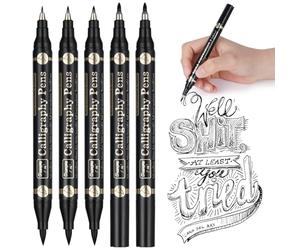 OFFCUP Rotuladores de Pincel Negros, 5pcs Caligrafía Doble Cabeza, Calibrados para Bocetos, Cómic, Dibujo, Ilustración, Técnico, Arquitectura, Escritura, Diseño Gráfico