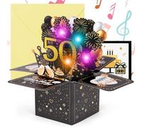 OFFCUP Tarjeta de Felicitación Cumpleaños de 50 Años, Pop Up 3D Tarjeta Emergente de Música con Vela de Luz LED, 50 Tarjeta de Cumpleaños, Como Creativo Regalo a Familias Amigos y Ninos (Negro)