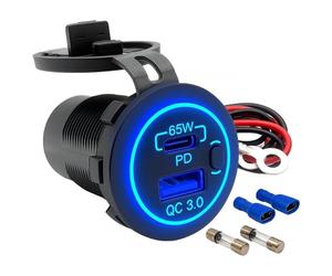 Offgridtec Adaptador de carga para vehículos, toma USB dual 12V/24V con 65W USB-C y 18W USB-A, interruptor de encendido/apagado, cubierta de protección, carcasa de PA66 y cobre, IP66, Universal para