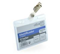 Office Box - Pack 10 Unidades. Funda para Extra cristal para Tarjeta ID con Pinza metálica que no daña a ropa, Material Extra Rígido con Pinza Metálica Giratoria y broche. (Horizontal)