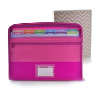 Office Box - Pack Vuelta al Cole: Carpeta Clasificadora VISION 12 Divisiones y estuche frontal + 80 Adhesivos Cierre de Cremallera + Carpeta 4 Anillas 40 mm -Colorline (Fucsia + Carpeta Anillas)