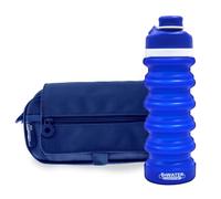 office box - Pack Vuelta al Cole: Estuche Triple “el Original” + Botella de Silicona Plegable BWater - Lavable y Resistente para durar Todo el Curso por un Precio único. (Azul Marino + BWater)